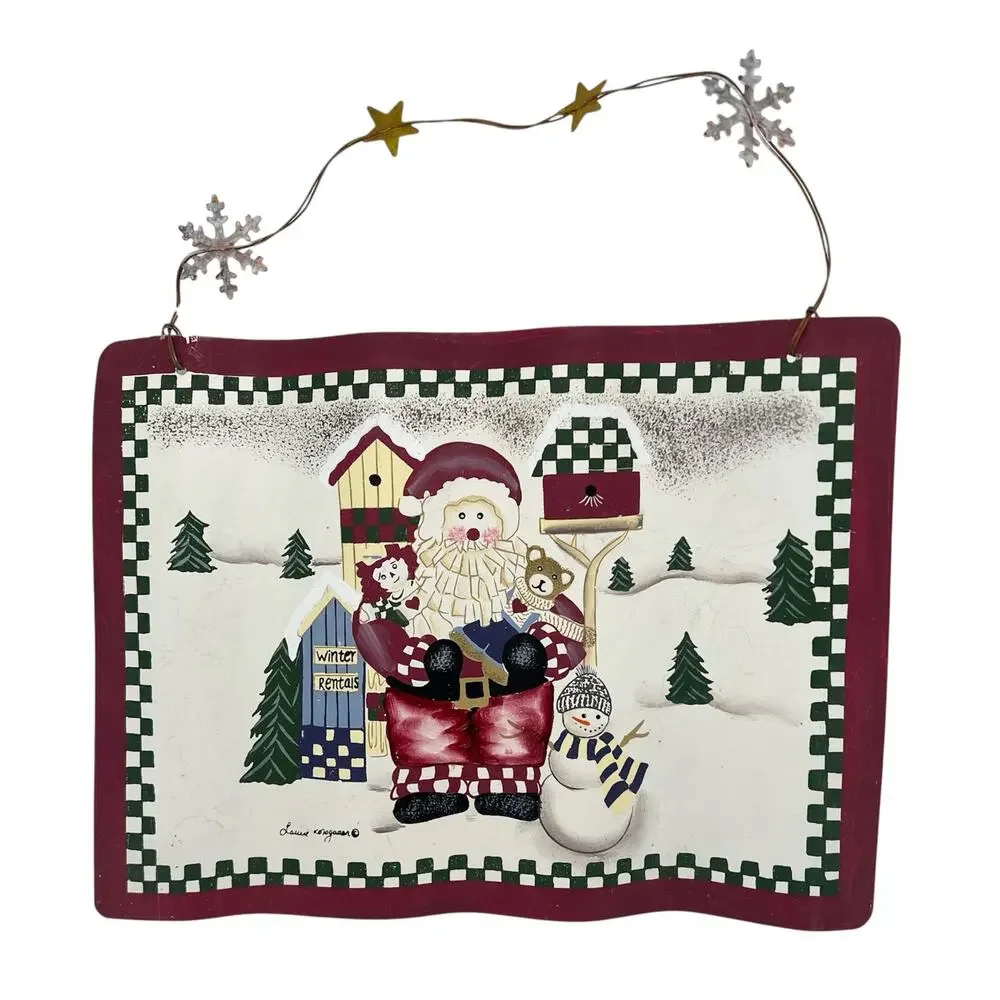 Vintage Hand Painted Santa Claus Christmas Metal Wall Hanging Decoration